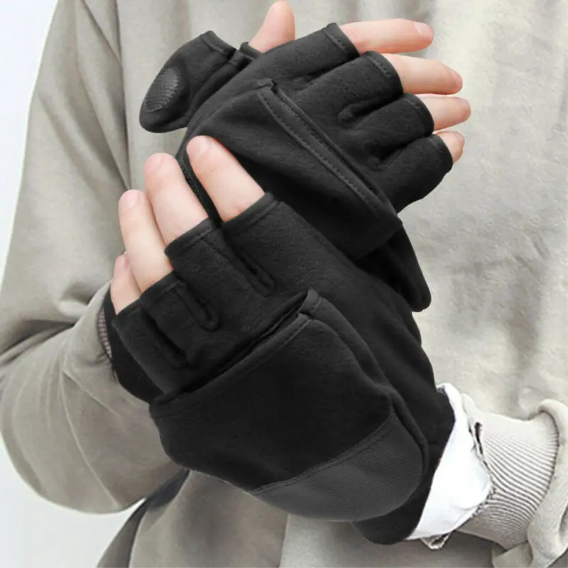 Men Winter Fleece Half Finger Flip Gloves Double Layer Thicken Touch Screen Fingerless Convertible Mittens Wrist Gym PU | Аксессуары для