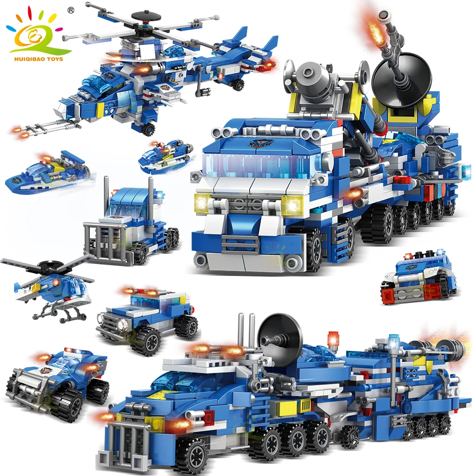 

HUIQIBAO 8in1 City Police Command Trucks Building Blocks With Policeman Car Helicopter Boat Model Bricks Toys for Children Kids