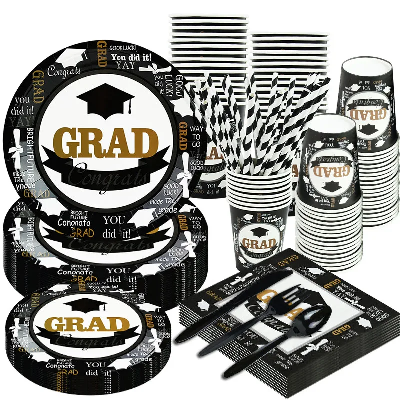 

1-25pcs/set Congrats Grad Disposable Tableware Congratulation Graduated Paper Cups Plates Napkin for Graduation Party Decoration