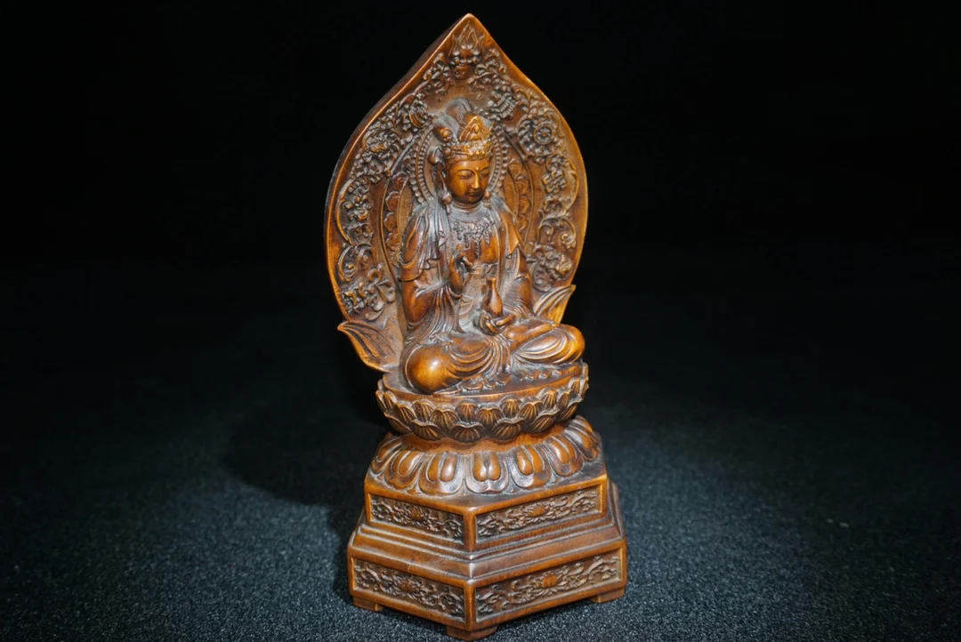 

Home Decor 6" China Lucky Seikos Boxwood Guanyin Bodhisattva Statue Sitting lotus Avalokitesvara statue Enshrine the Buddha
