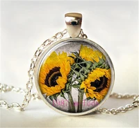 sunflower creative photo cabochon glass chain necklacecharm women pendants fashion jewelry gifts a816