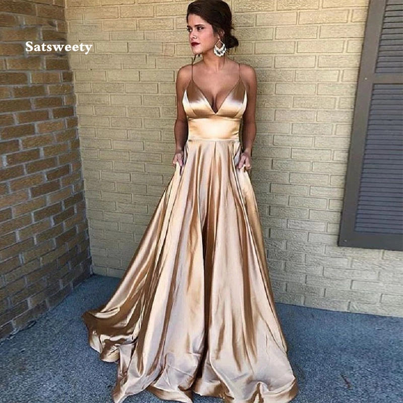 

Newest A Line Long Champagne Evening Dress Sexy Elastic Satin Vestido De Festa Spaghetti Straps Party Formal Pageant Prom Gowns