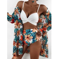 2021 new sexy three pieces bikini set cover up swimwear women swimsuit print long sleeve bathing suit beachwear swimming biquini