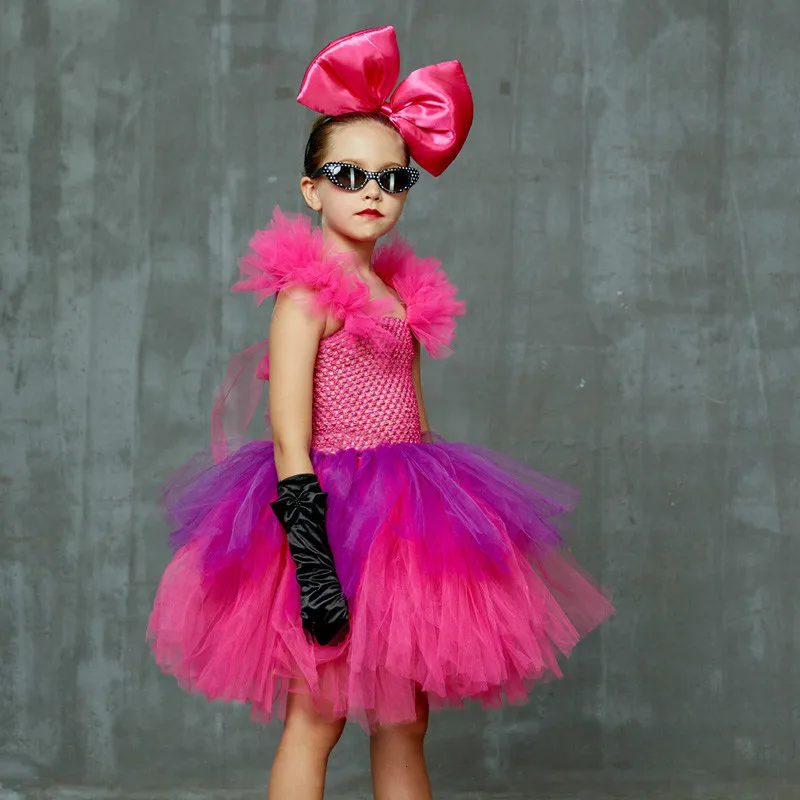 Яркое розовое и фиолетовое платье пачка с роскошными бантиками очками для