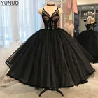 YUNUO черное бальное платье, тюлевые вечерние платья, Кружевная аппликация, V-образный вырез, Пушистый корсет, вечернее платье для выпускного вечера, длиной ниже колена