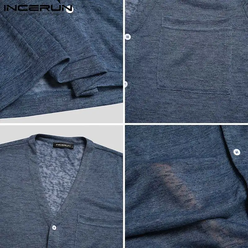 

2021 Men Casual Shirt V Neck Button Streetwear See Through Pockets Short Sleeve Camisas Breathable Thin Shirts Men S-5XL INCERUN