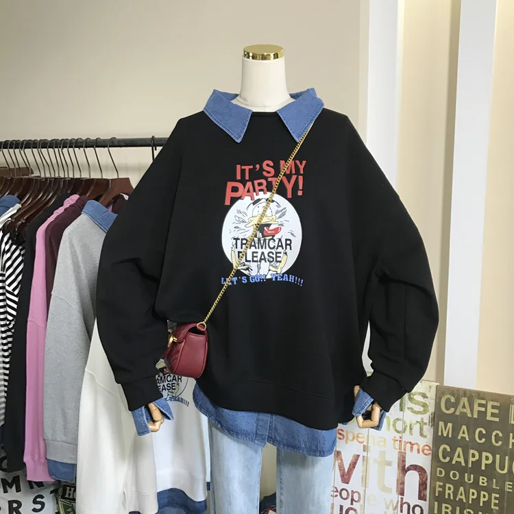 

Korean Fashion Cartoon Printing Oversized Sweatshirt Women Turn Down Collar Cotton Blend Patchwork Streetwear Pullovers Tops
