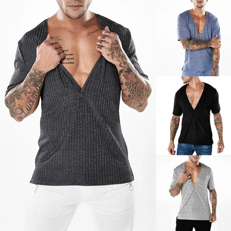 

Summer Fashion Men V Neck Muscle Casual Tops Short Sleeve Shirts Slim Fit Basic T-shirts Clothes