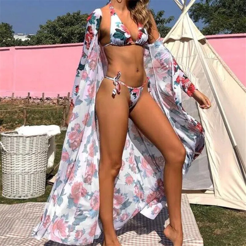 

2021 Sexy Bikini Cover-ups Boho Printed Long Kimono Cardigan Tunic Women Beach Wear Dress Summer Long Sleeve Swim Suit Cover Up