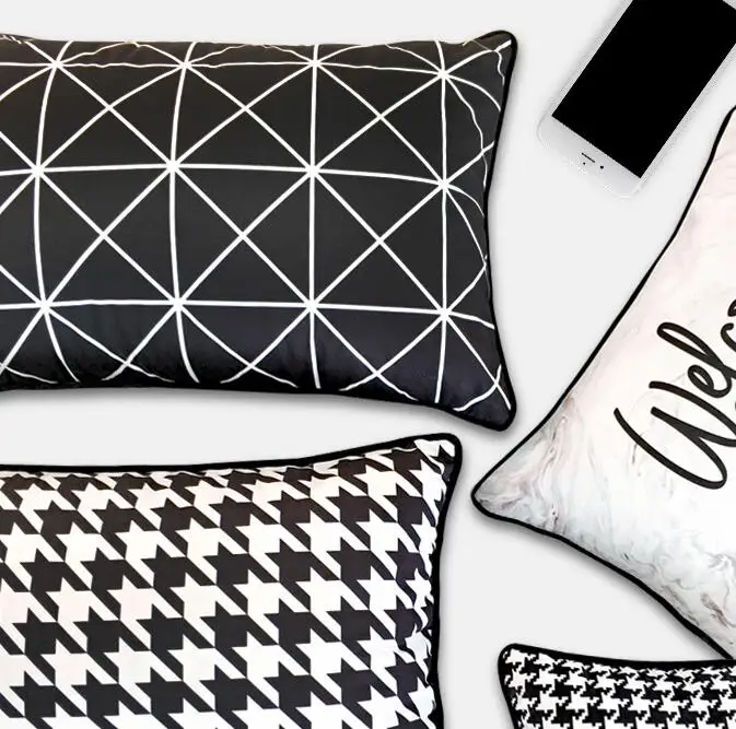 Чехол для подушки "Модный черно-белый гусиный платок" из бархата с оранжевой боковой стороной для дивана или кровати.