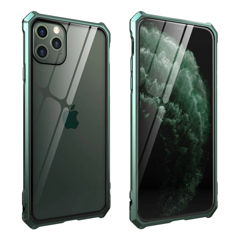 2019 New Phone Case For iPhone 11 Pro Max Snap Button Original Aluminum Metal Frame Bumper Tempered Glass Back Full Cover Funda |