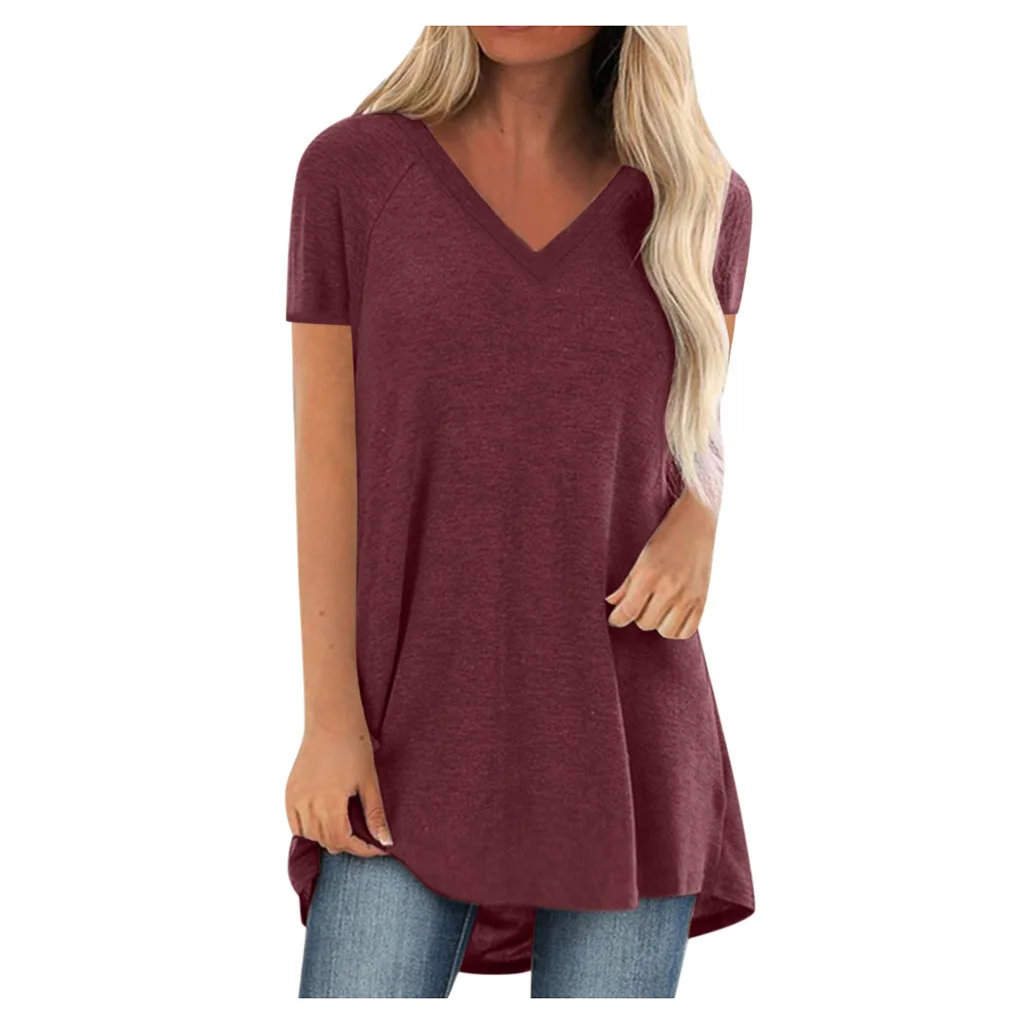 

Mandylandy T-shirt Summer Fashion V-neck Short Sleeve T-shirt Tops Women's Casual Solid Color Loose Pullover T-shirt