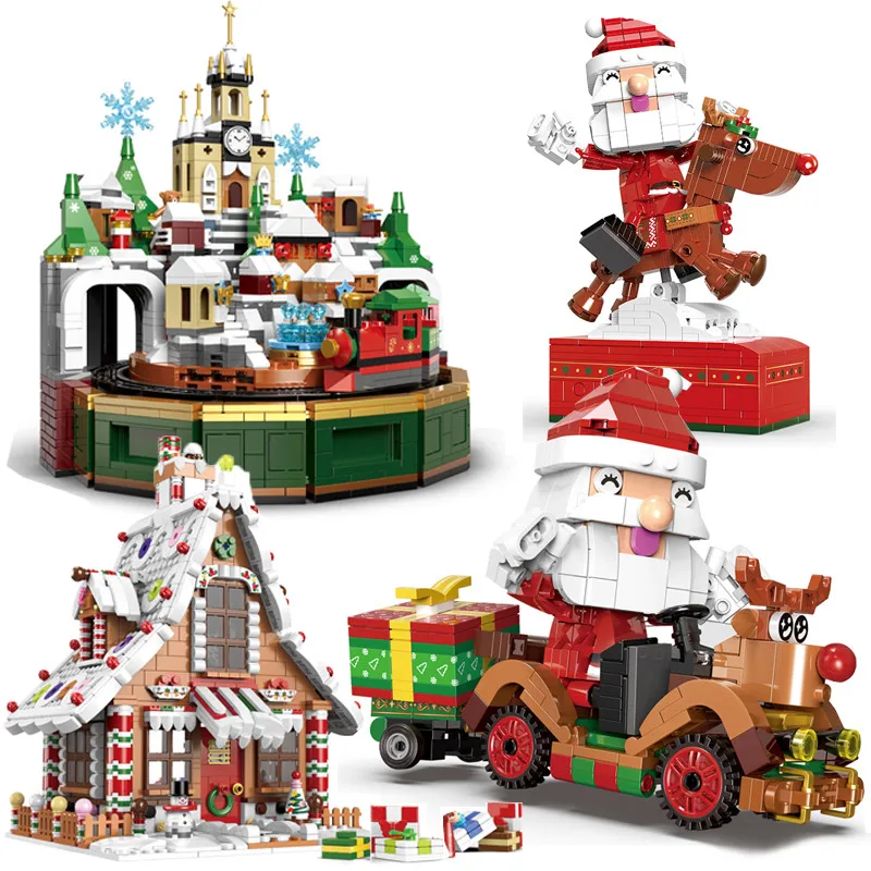 

2021 XingBao Christmas Block Set DIY Santa Reindeer/Castle Music Box Gingerbread House Cart Building Bricks Toy For Kids Gift