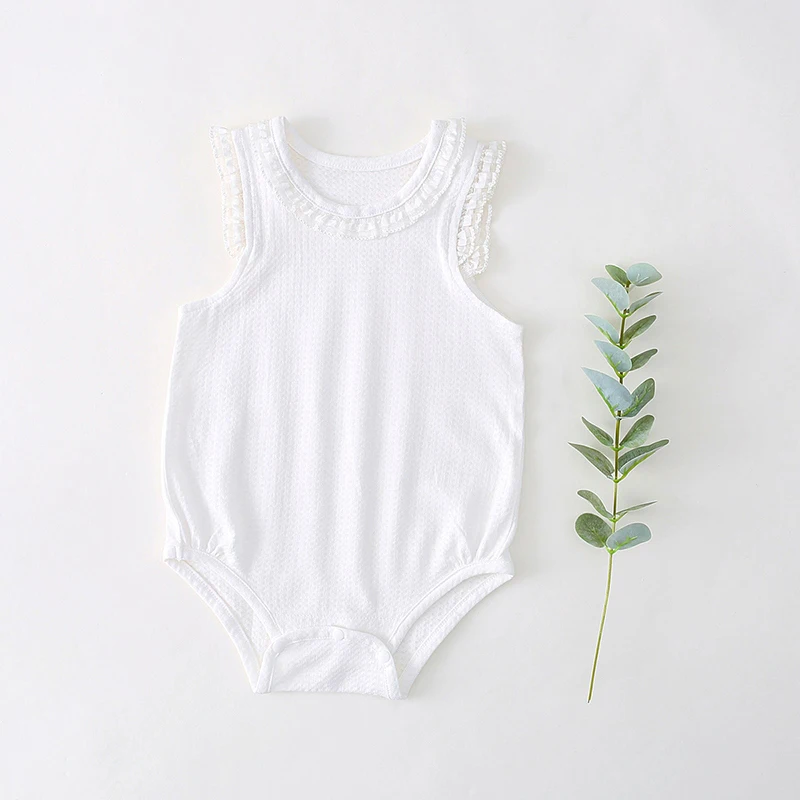 

Cute Newborn Baby Girl Sleeveless Cotton Lace Bodysuit Clothes White Solid Soft Jumpsuit Summer Outfits Clothes 9M-2Y