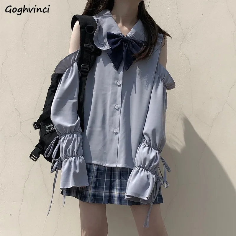 Women Shirts Loose Lovely Sweet Students Japanese Style Lolita Female School Bow Off-shoulder Lace-up Solid Leisure Blouse New