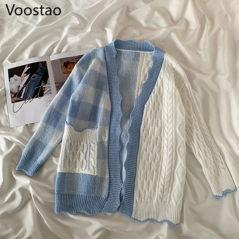 

Женский вязаный кардиган, элегантный клетчатый кардиган составного кроя с V-образным вырезом, милый Свободный Топ в Корейском стиле, Осень-з...