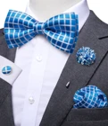 Hi-Tie Новый Шелковый клетчатый синий галстук-бабочка Мужская винтажная мода Свадебный галстук-бабочка Карманный квадратный набор запонок и броши Прямая поставка Галстуки
