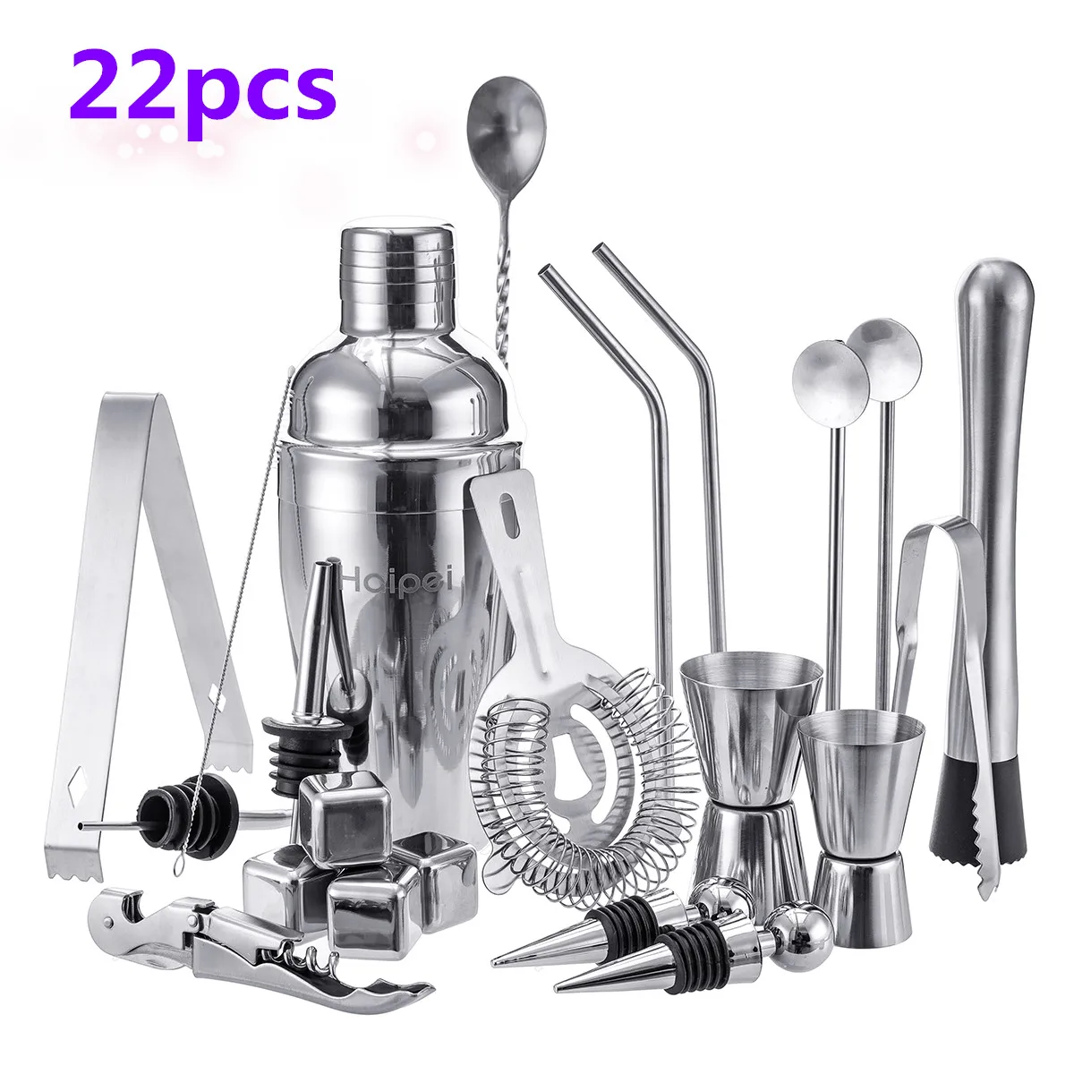 22pcs 22/10, 6 штук в партии, Мохито коктейль-бар шейкер Смеситель Мадлер Нержавеющая сталь наборы для бара инструменты бармена с камни для виски - Цвет: 22pcs