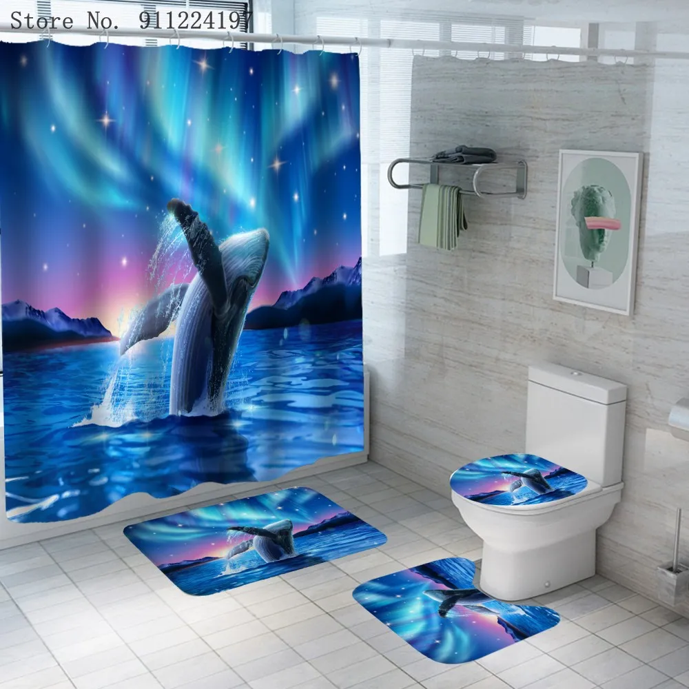 

Cartoon Fantasy Flying Dolphin Bathroom Shower Curtain Set Waterproof Bath Curtain Pedestal Rug Lid Toilet Cover Bath Mat Rugs
