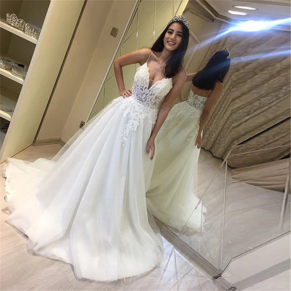 

2019 Ivory Soft Tulle Wedding Dresses Vestidos De Novia 2019 Spaghetti Straps A-line Illusion Sweetheart Neckline Bride Dress