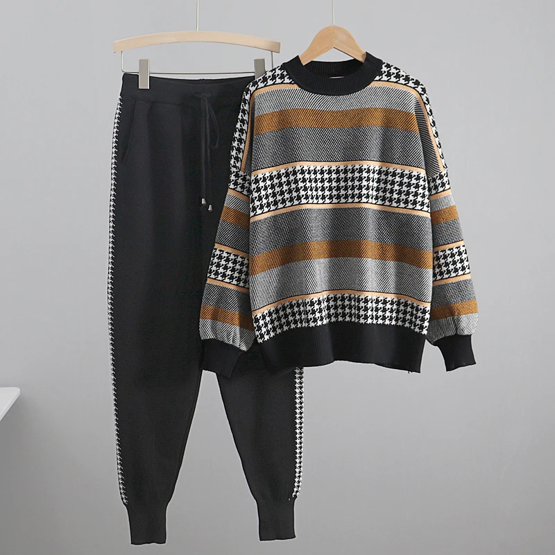 

Houndstooth Knit 2 Piece Set Tracksuits Fall Winter Oversized Women Sweater + Carrot Harem Pants Color Block Sportsuit