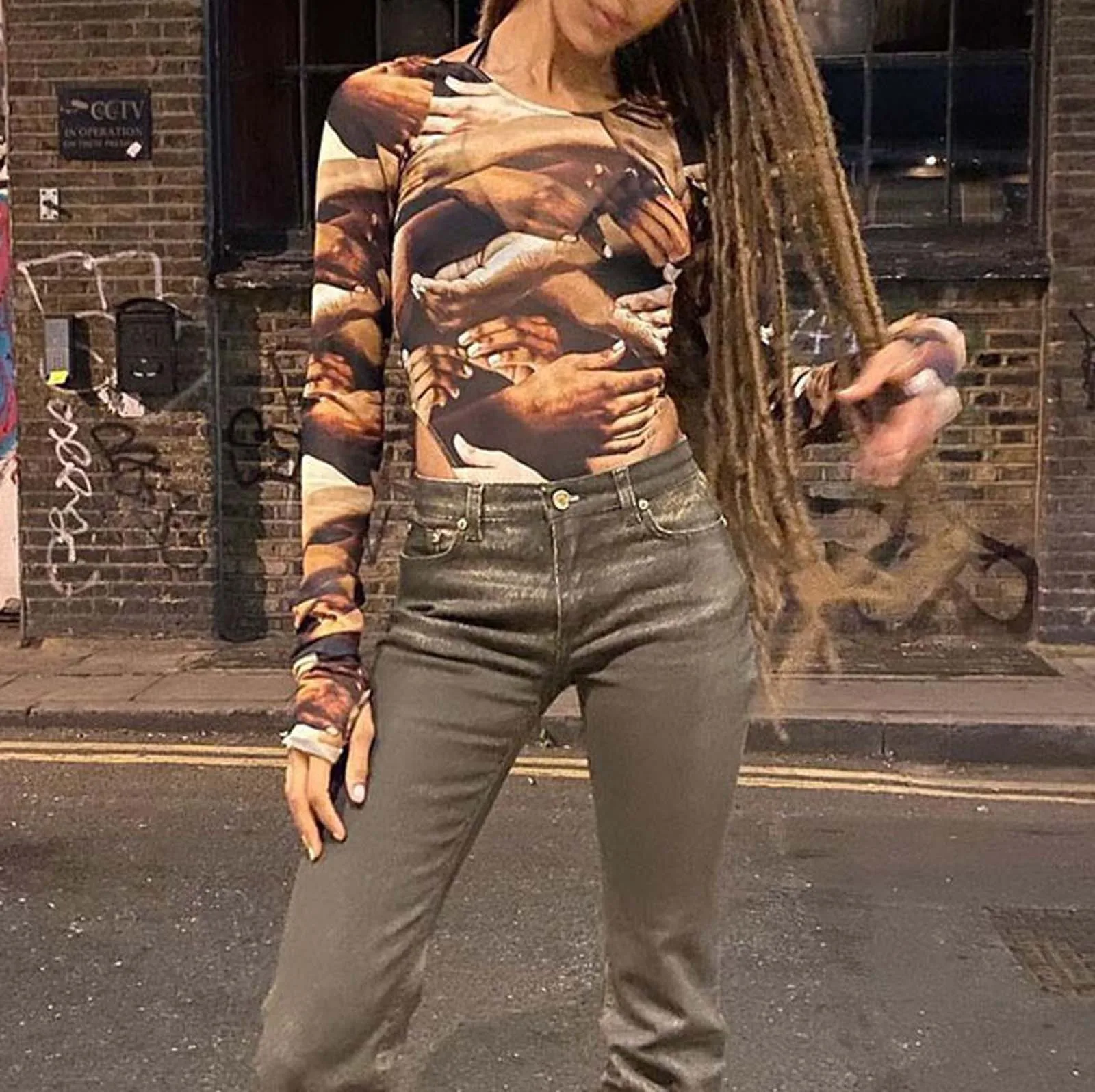 

Женское осеннее боди с длинным рукавом, модный сетчатый комбинезон с принтом из пряжи, полупрозрачный Облегающий комбинезон, боди