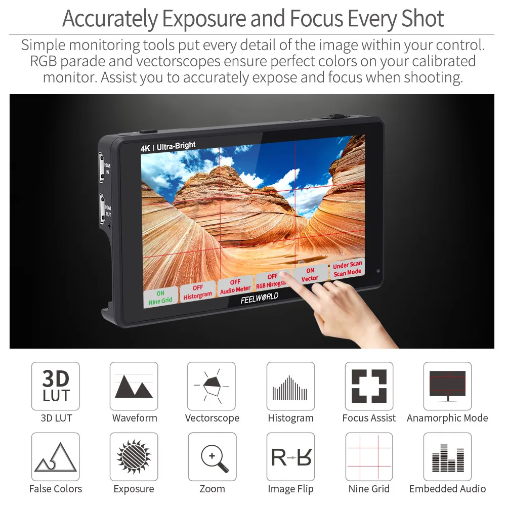 Günstig FEELWORLD LUT6 6 Zoll 2600nits HDR 3D LUT Touchscreen Auf Kamera Feld DSLR Monitor Mit Wellenform VectorScope Für Youtube Live