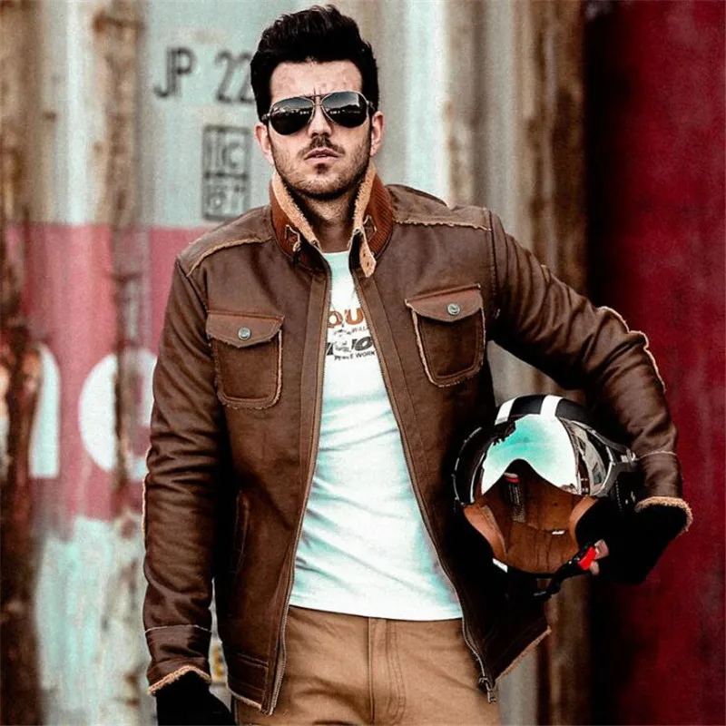 Куртка мужская из ПУ кожи в стиле ретро с меховым воротником размеры до 4XL |