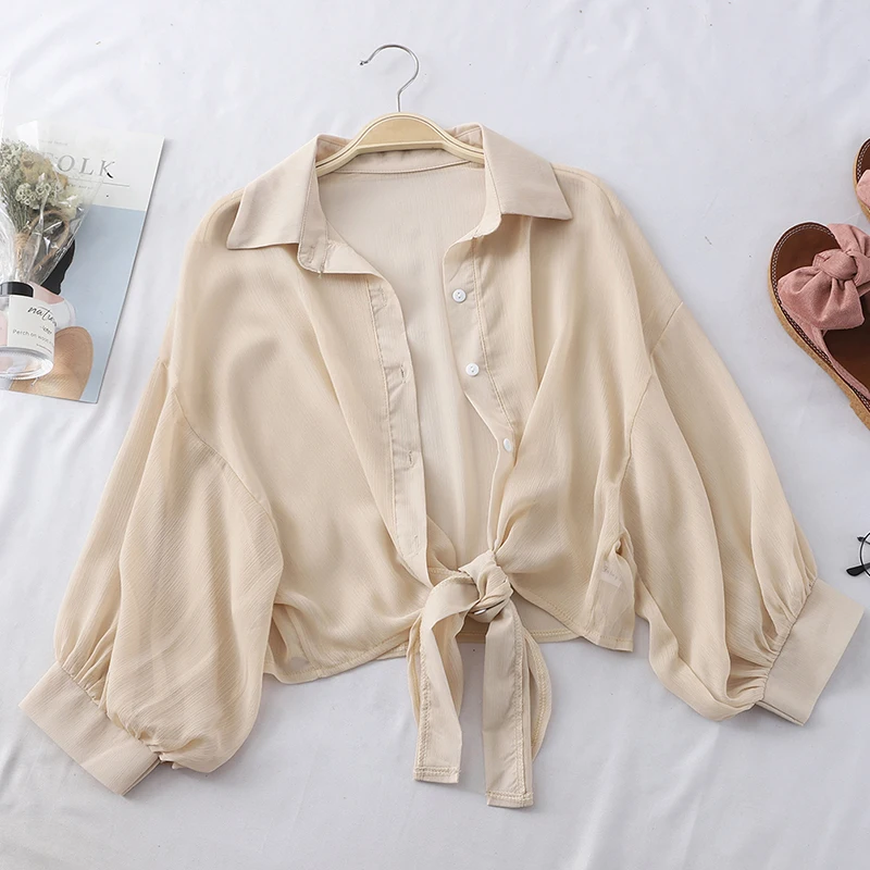 

Lantern Sleeve Chiffon Shirt Female New 2020 Spring Summer Button Shirt Long Sleeve Top Tie Waist Elegant Feminino Camisa Shirt
