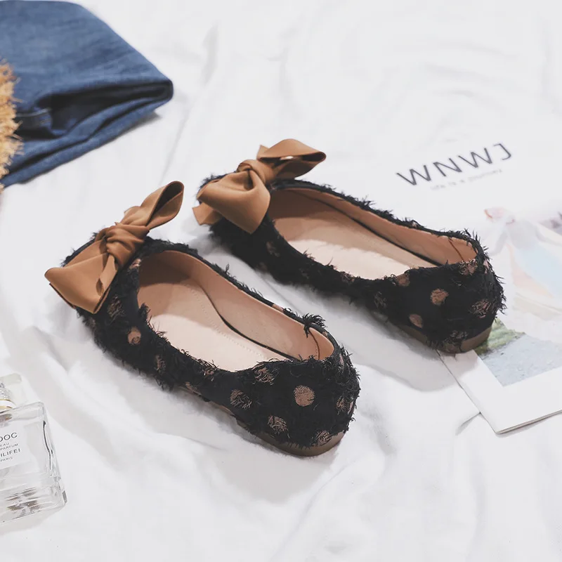 Женская обувь коллекция 2019 года балетки на плоской подошве с бантом в горошек и