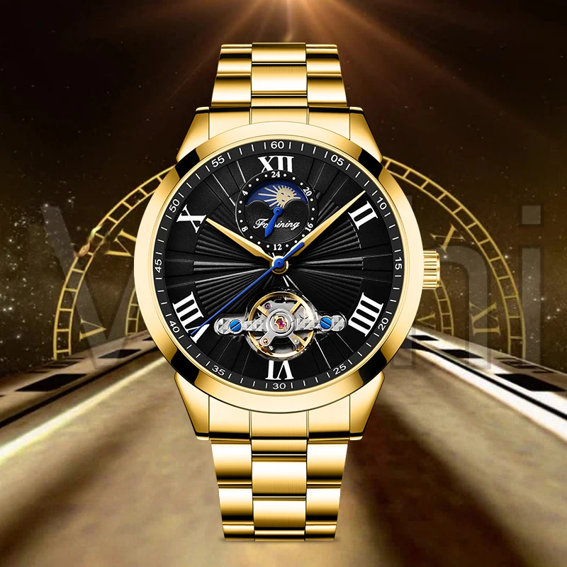 Royal Golden FORAINING Mens Automatic Wrist Watch Skeleton Stainless Steel Band Mechanical Moon Phase Waterproof ClockRelogio | Наручные