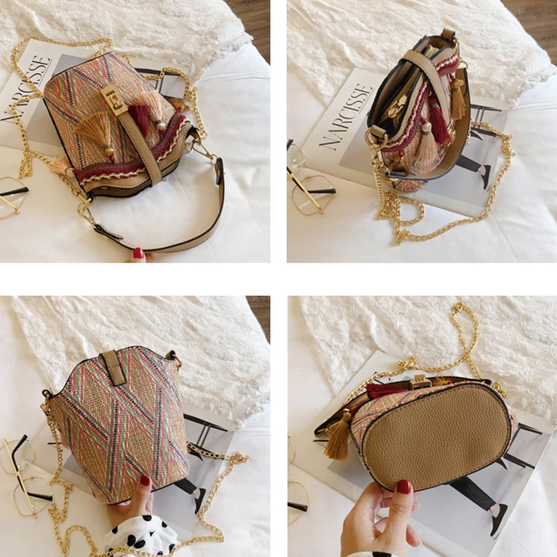 

Summer Fashion New Handbag High quality Straw bag Women bag Bucket Tote bag Hand Metal Ring Tassel Chain Shoulder Travel bag