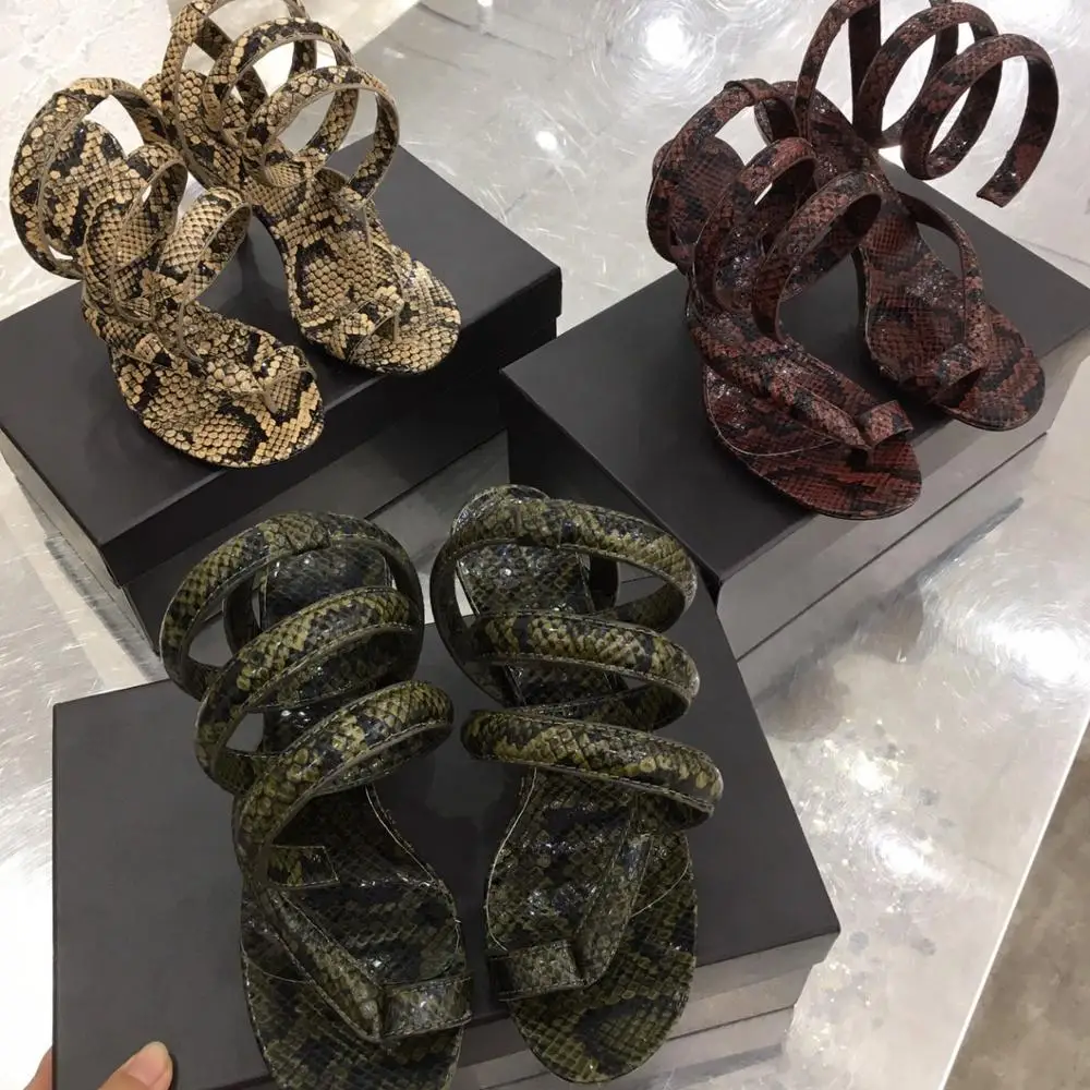 

Python Pattern Sandals Women New Designer Shoes Woman Sexy Wrapped Ankle Women Sandals Genuine Leather High Heels 1.5cm 8cm