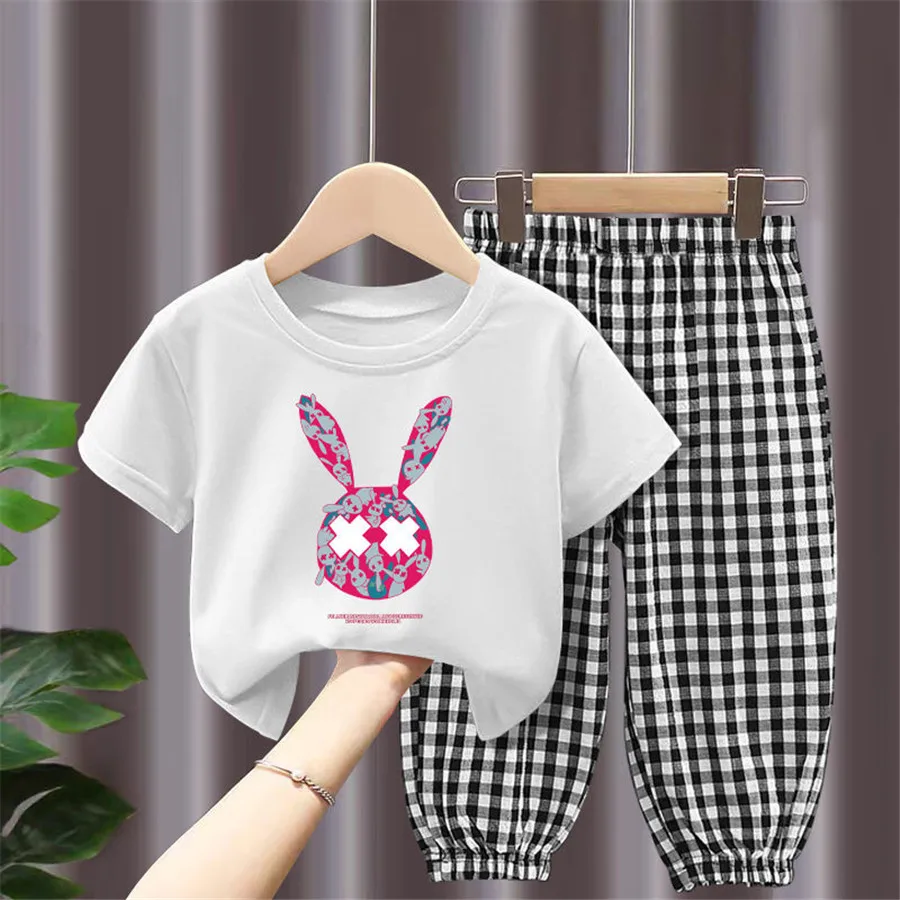 

Детская одежда, футболка + клетчатые брюки, одежда для девочек 2021, летняя одежда для девочек, Подростковый спортивный костюм для детей 6, 8, 10