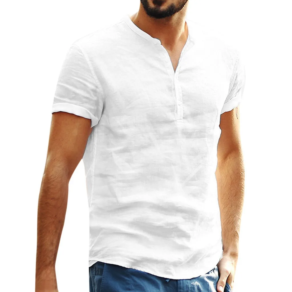 Men's Standing Collar Cotton Linen Short Sleeve Shirt White Black Popular Shirt