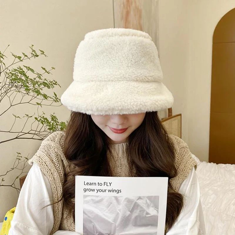 Winter Warm Teddy Velvet Hats for Women Lady Thicken Bob Panama Outdoor Fisherman Hat Caps Lamb Faux Fur Bucket | Аксессуары для