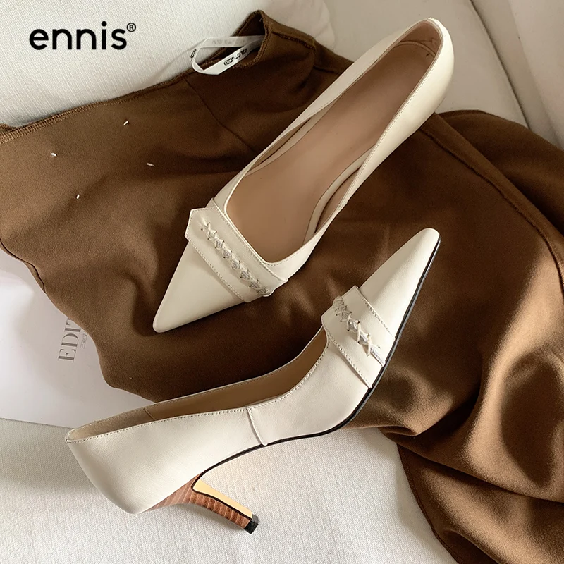 

ENNIS Beige Pumps Woman Stilettos Genuine Leather High Heels Branded Women's Shoes Pointed Brown Heels Casual Shoes Party P115