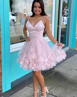 pink a line short homecoming dress with 3d flowers spaghetti strap v neck ball gown graduation party gowns 2022 custom made