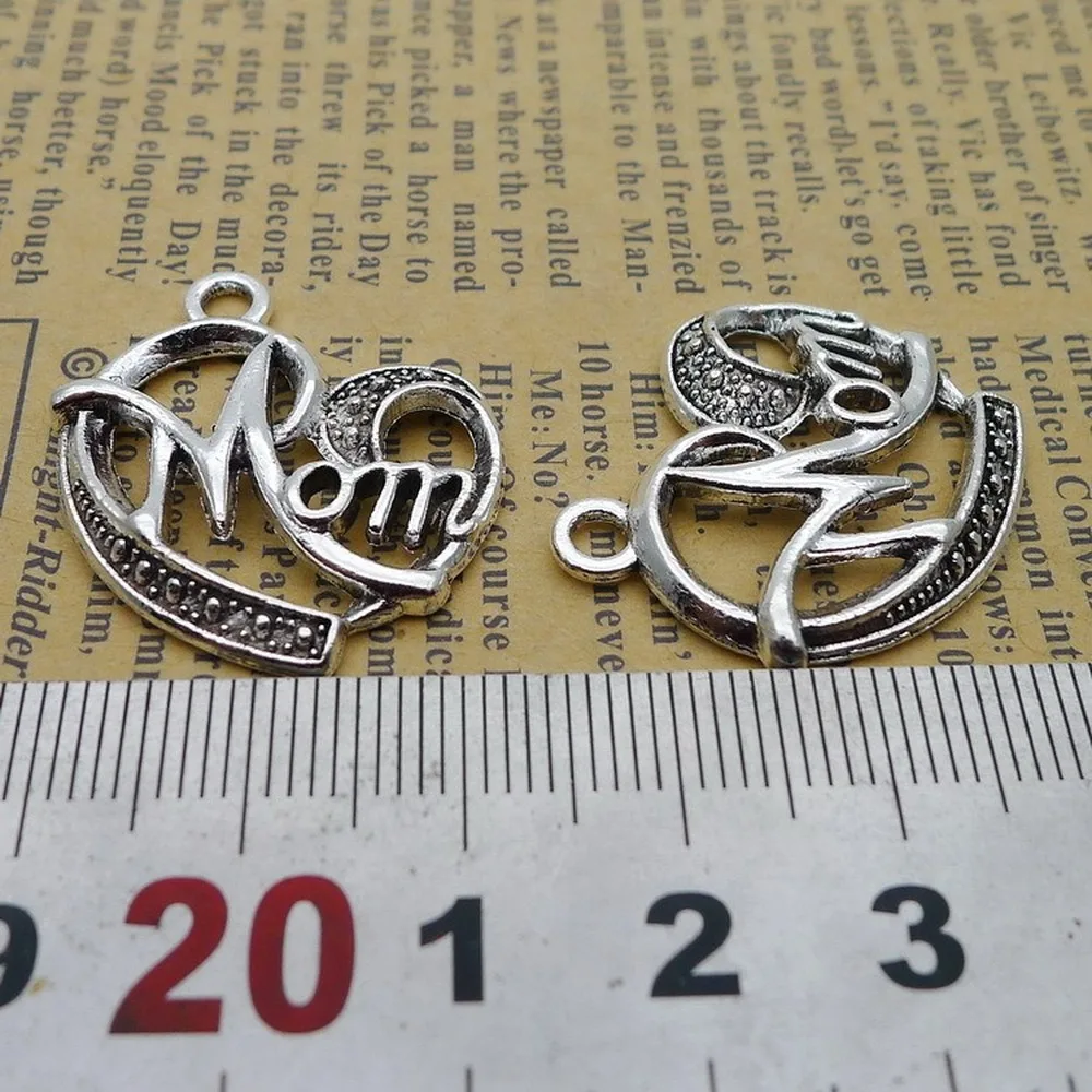 

100pcs Mom Heart Charms 25mm x 28mm DIY Jewelry Making Pendant antique silver color
