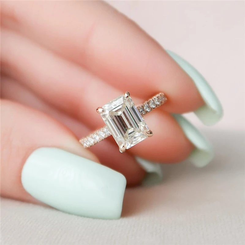 

14K White Solid Gold T DEF Color VVS 3.0ct 9*7MM Emerald Cut Moissanite Half Band Luxuery Engagement Wedding Rings For Women