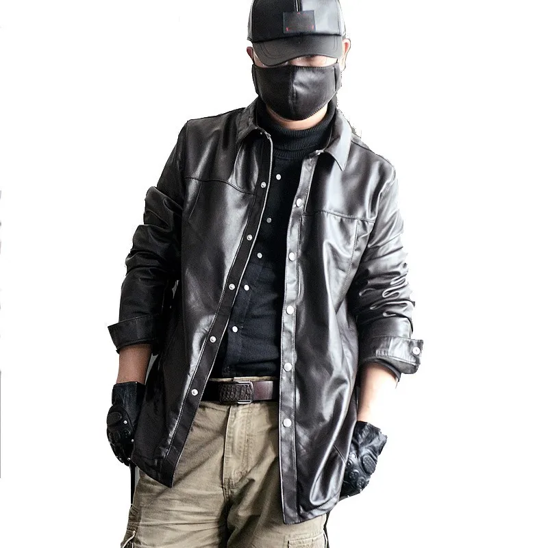 Мужская рубашка из натуральной кожи повседневная однобортная с длинным рукавом