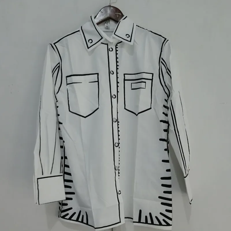 

2020 Autumn Graffiti Print White Shirt Famale Long Sleeve Tide New Streetwear Single-breasted Fashion Tops Women