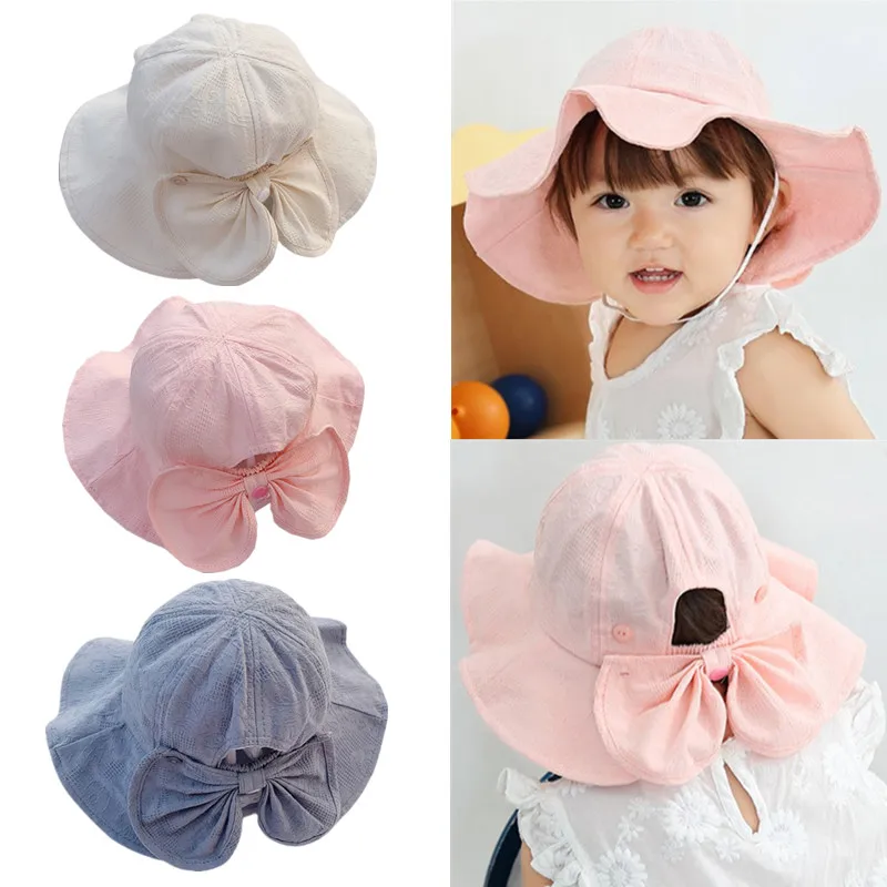 

KLV Summer Spring Outdoor Baby Bucket Hat Infant Girls Fisherman Sun Wide Brimmed Bonnet Newborn Princess Beach Big Bow Cap