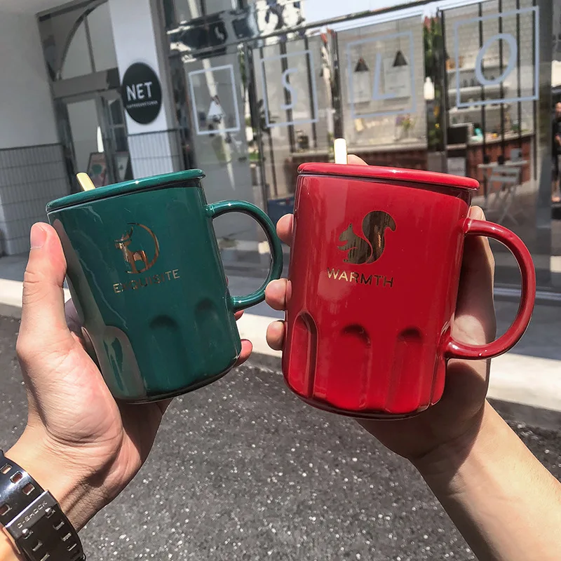 Золотая керамическая кружка с крышкой и ложкой 4 цвета ручная роспись чашки для