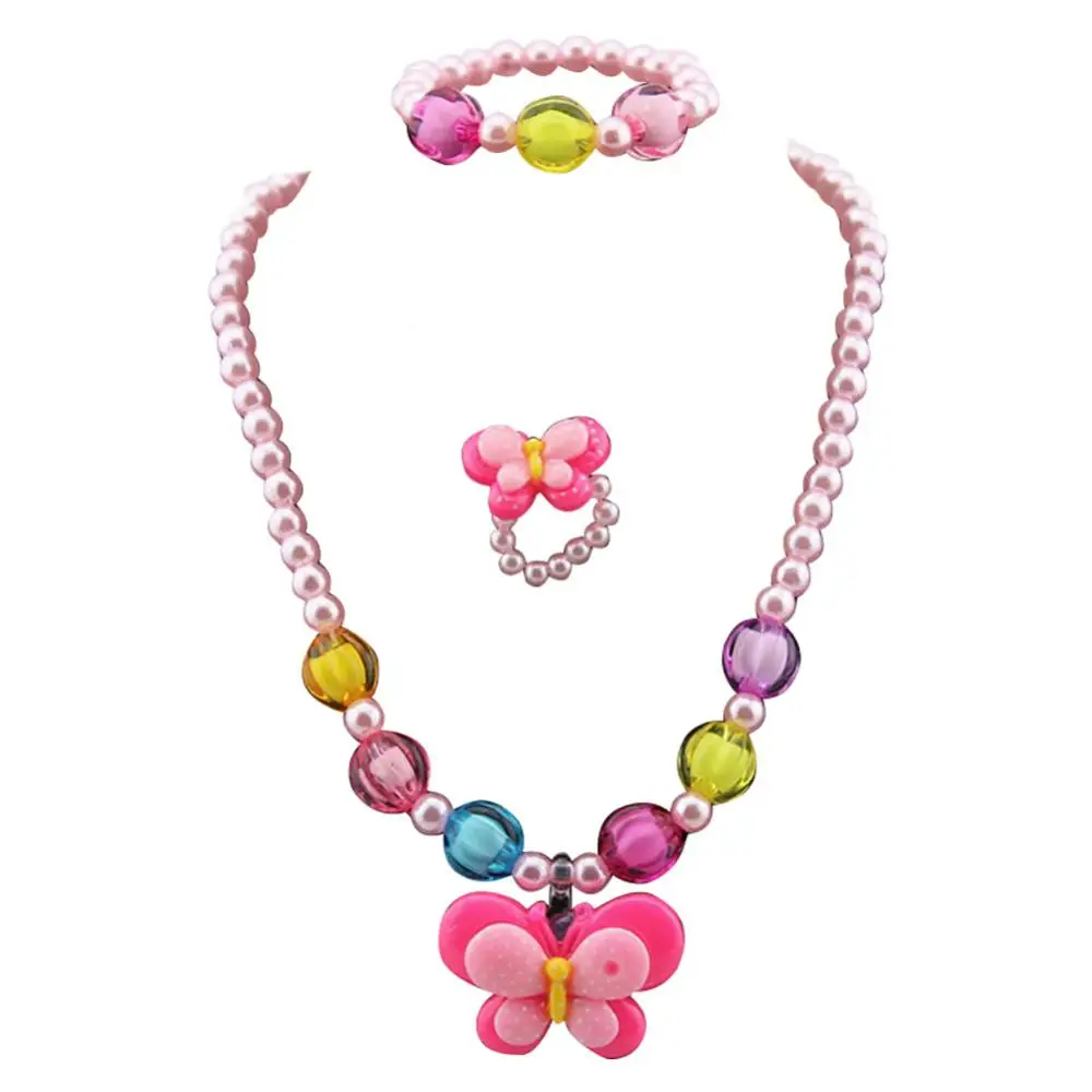 

3Pcs Girls Yellow Duck Butterfly Candy Bead Ring Necklace Bracelet Jewelry Set
