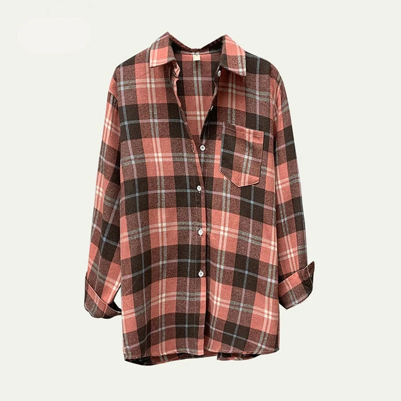 

Женская рубашка с отложным воротником, Клетчатая блузка в стиле Харадзюку с начесом и пуговицами, 7 цветов, весна 2021
