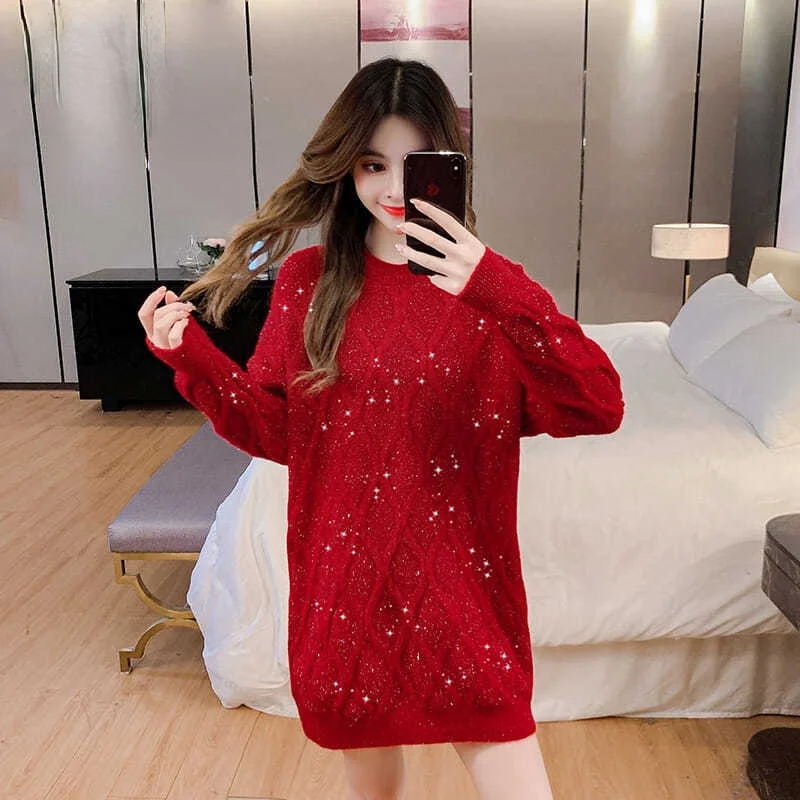 

Women Spring Autumn 2021 Fashion Korean Loose Knitted Tops Female O-neck Warm Jumpers Ladies Long Pullover Sweater Tops P357