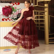 Sevintage – robe de soirée en dentelle, asymétrique, épaule dénudée, Tulle, bordeaux foncé, tenue de bal de standing, dubaï, jupe à plusieurs niveaux  (1)