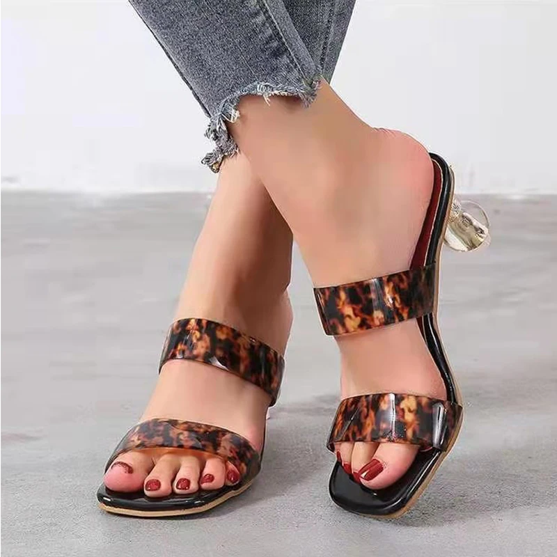 

Women Pumps Chunky Heels 2021 Summer Square Toe Ladies Breathable Slip-on PVC Transparent Heel Leopard Grain Slides Sexy