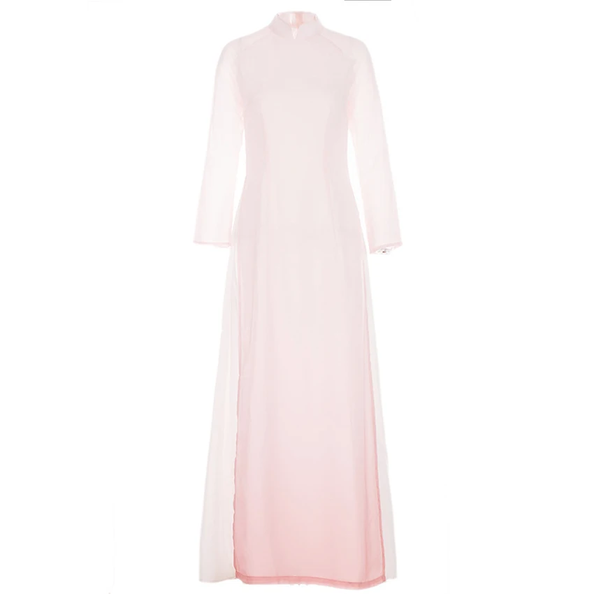 

2020 Vietnam Ao Dai White Solid Chiffon Perspective Dress for Woman Chinese Cheongsams Full Sleeve Female Oriental Dress